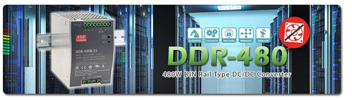DDR-480 Series 480W Fanless DIN Rail DC/DC Converter 